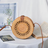 Bohemian Chic Rattan Woven Crossbody Bag - Handcrafted Vintage Circle Bag with Braided Detail and Buckle Accent - Perfect for Women