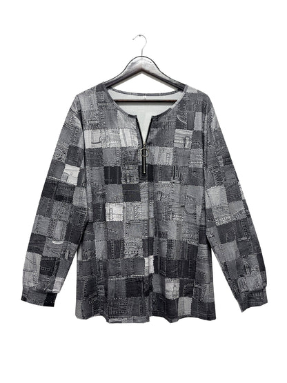 Plus Size Casual Top, Women's Plus Denim Plaid Print Long Sleeve Zipper Round Neck Medium Stretch Top