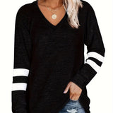 Plus Size Casual T-shirt, Women's Plus Colorblock Striped Print Long Sleeve V Neck Medium Stretch T-shirt