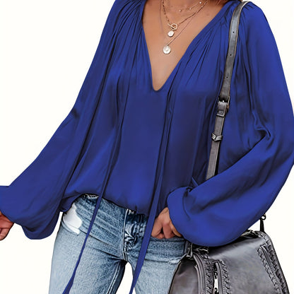 Solid Tie Neck Pleated Blouse, Casual Long Sleeve Blouse For Spring & Fall, Women's Clothing