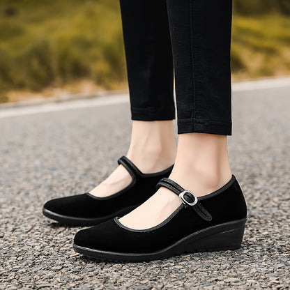 Stylish Womens Solid Color Wedge Heeled Shoes - All-Season, Buckle Closure, Comfortable Platform Shoes with All-Weather Grip and Plain Toe - Perfect for Casual Occasions