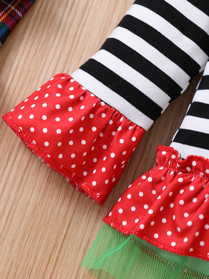 Kids Christmas Set Baby Girls Striped Santa Claus Embroidery Flare Sleeve Top Polka Dot Bow Flared Pants Outdoor Set