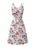 vlovelaw  Plus Size Elegant Dress, Women's Plus Floral Print Round Neck Medium Stretch Tank Dress