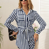 vlovelaw  Striped Print Long Length Shirt, Elegant Button Front Long Sleeve Shirt, Women's Clothing