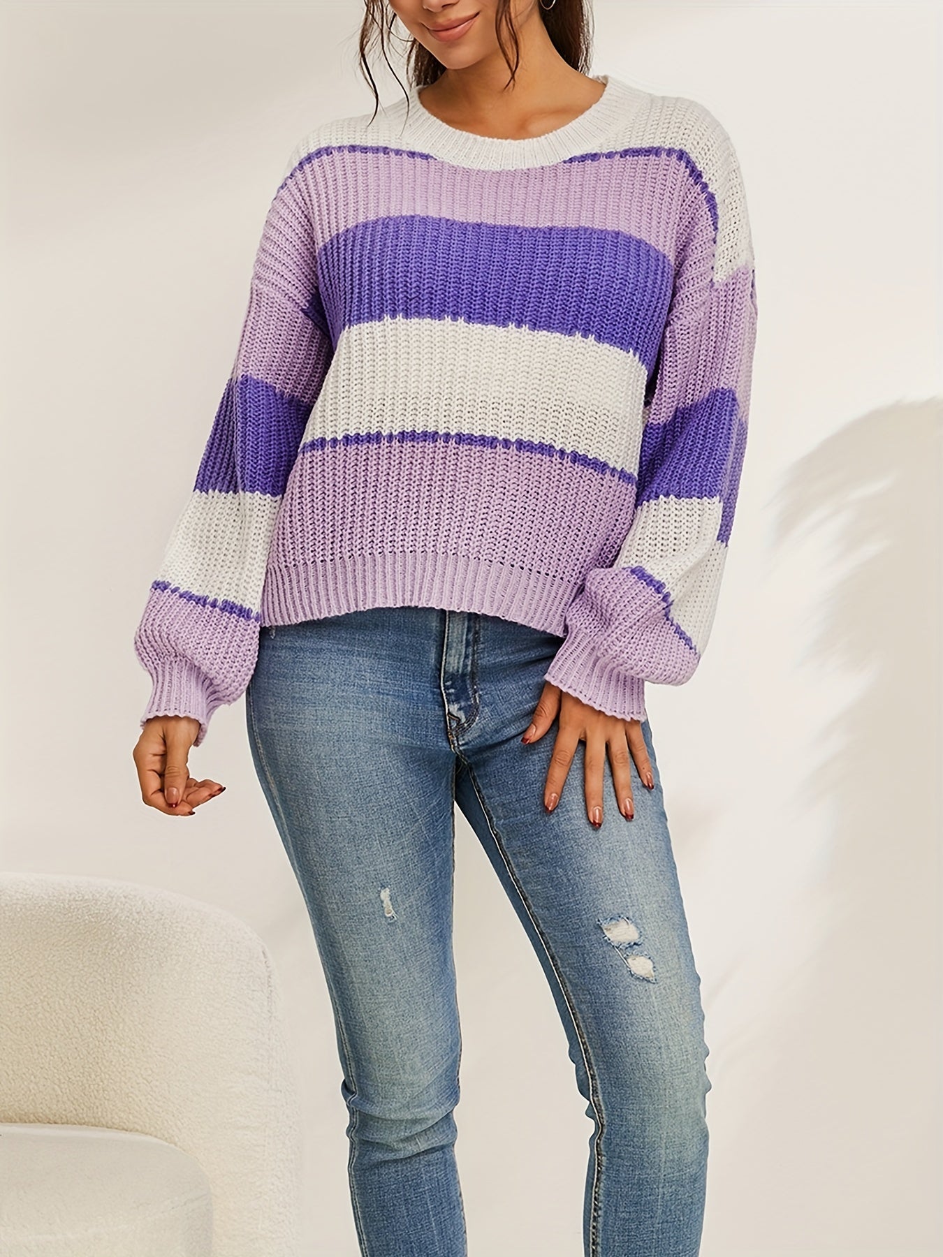 vlovelaw  Striped Print Knit Sweater, Casual Crew Neck Long Sleeve Pullover Sweater, Women's Clothing