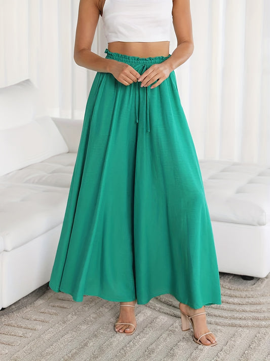 Boho Drawstring Wide Leg Pants, Casual Smocked Waist Elastic Palazzo Pants For Spring & Summer, Women's Clothing