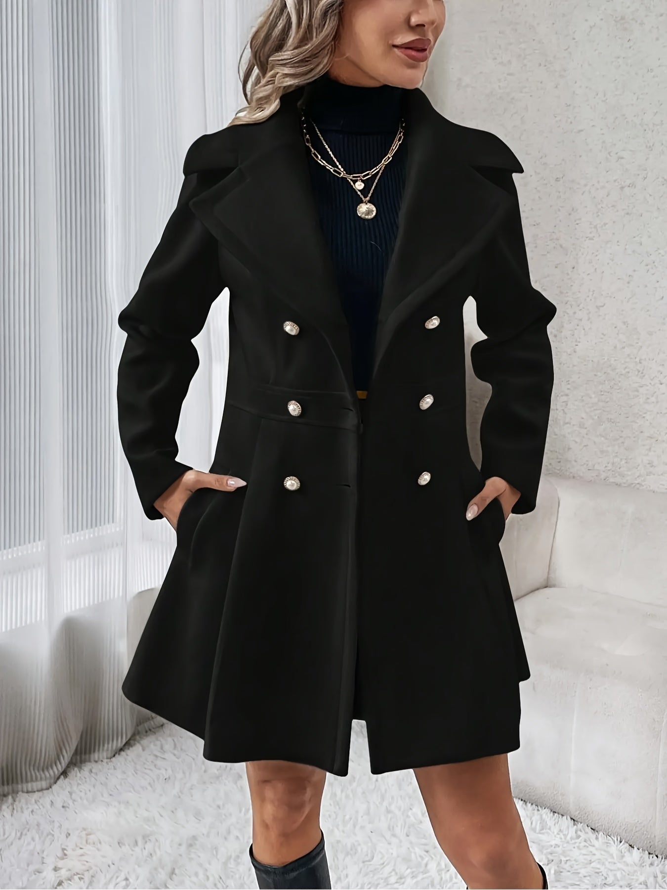 Double-breasted Flare Coat, Elegant Notched Collar Long Sleeve Blazer For Fall & Winter, Women's Clothing