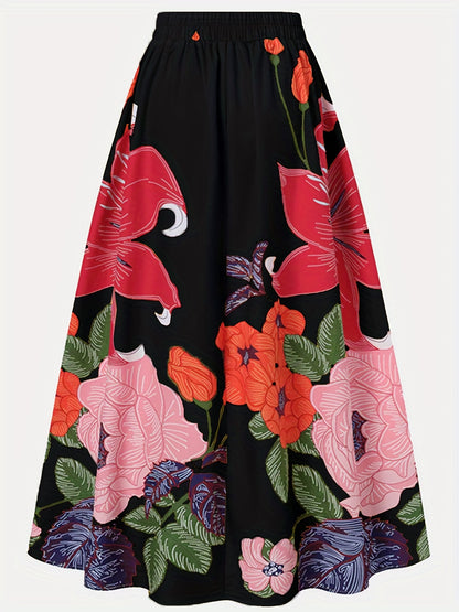 Plus Size Casual Skirt, Women's Plus Floral Print High Rise Slight Stretch Maxi A-line Dress