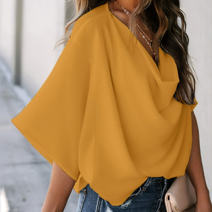 Women's Blouse V-neck Loose Casual Fashion Chiffon Solid Blouse