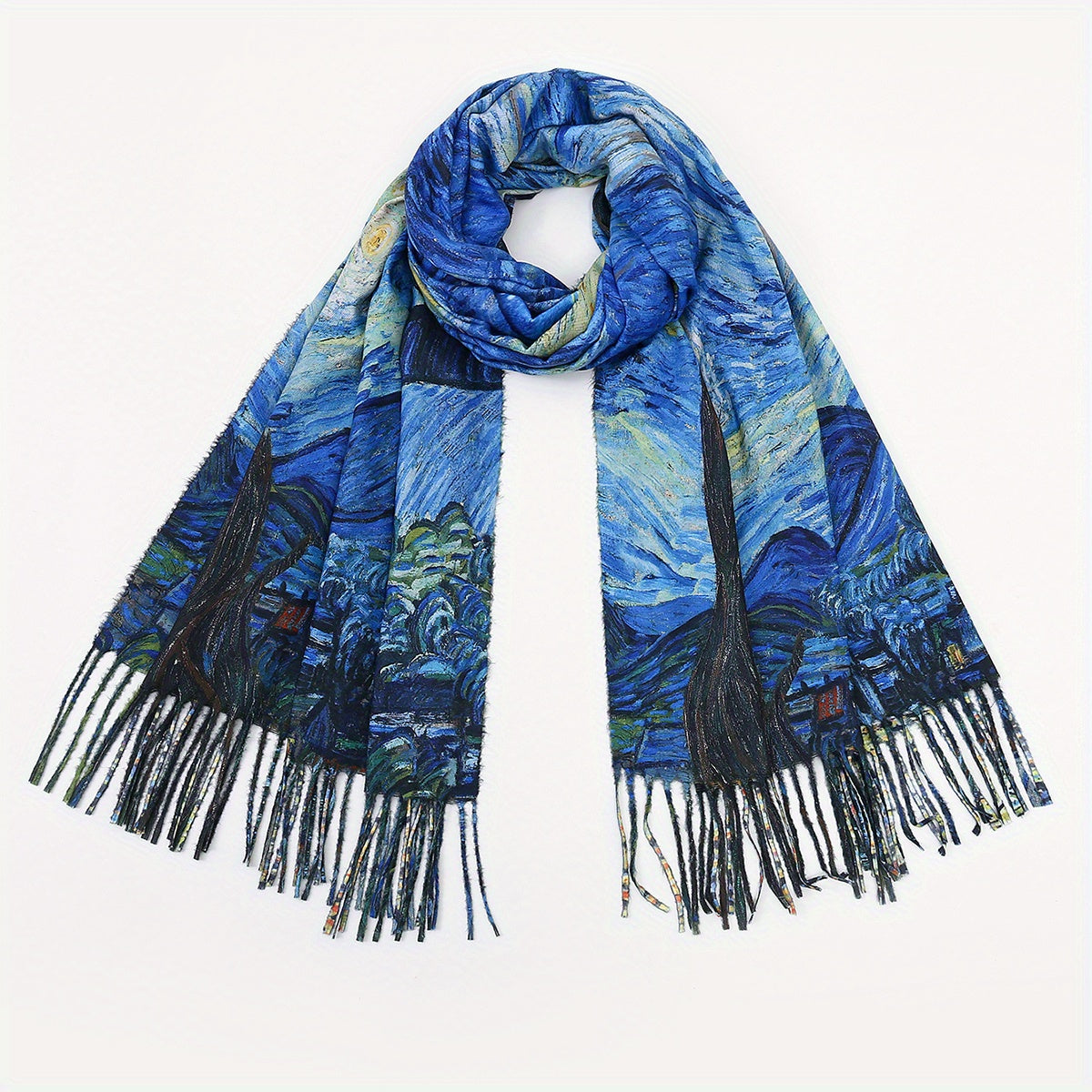 Vintage Van Gogh Inspired Scarf - Vibrant Art Print, Unique Tie Dye, Elegant Tassel Shawl, Coldproof and Soft Neck Guard - Perfect for Autumn and Winter, Timeless Classic Style with a Modern Twist