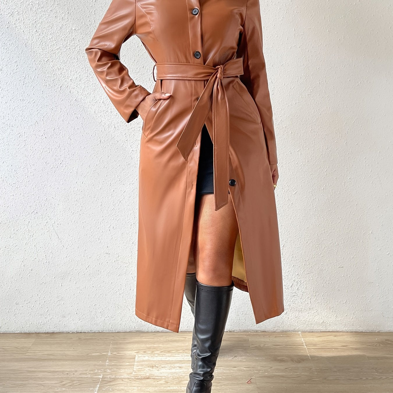 Solid Single Breasted Belted Jacket, Elegant Faux Leather Long Sleeve Overcoat, Women's Clothing