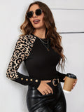 vlovelaw Leopard Print Paneled Crew Neck T-Shirt, Casual Long Sleeve Top For Spring & Fall, Women's Clothing