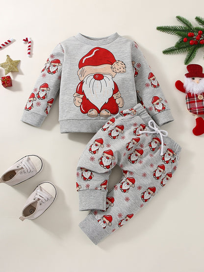 Christmas Baby Boys Cute Allover Santa Claus Print Long Sleeve Sweatshirt Pullover & Long Pants 2pcs Outfit Clothes, Outdoor Cloth