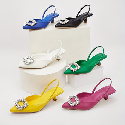 Chic All-Season Pointed-Toe Slingback Heels with Crystal Accents – Comfortable Faux Leather Sandals with Elastic Strap