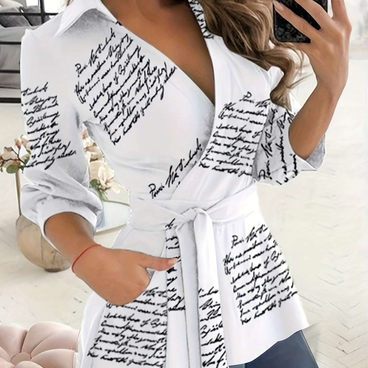 vlovelaw Letter Print Surplice Neck Blouse, Casual Long Sleeve Blouse, Women's Clothing