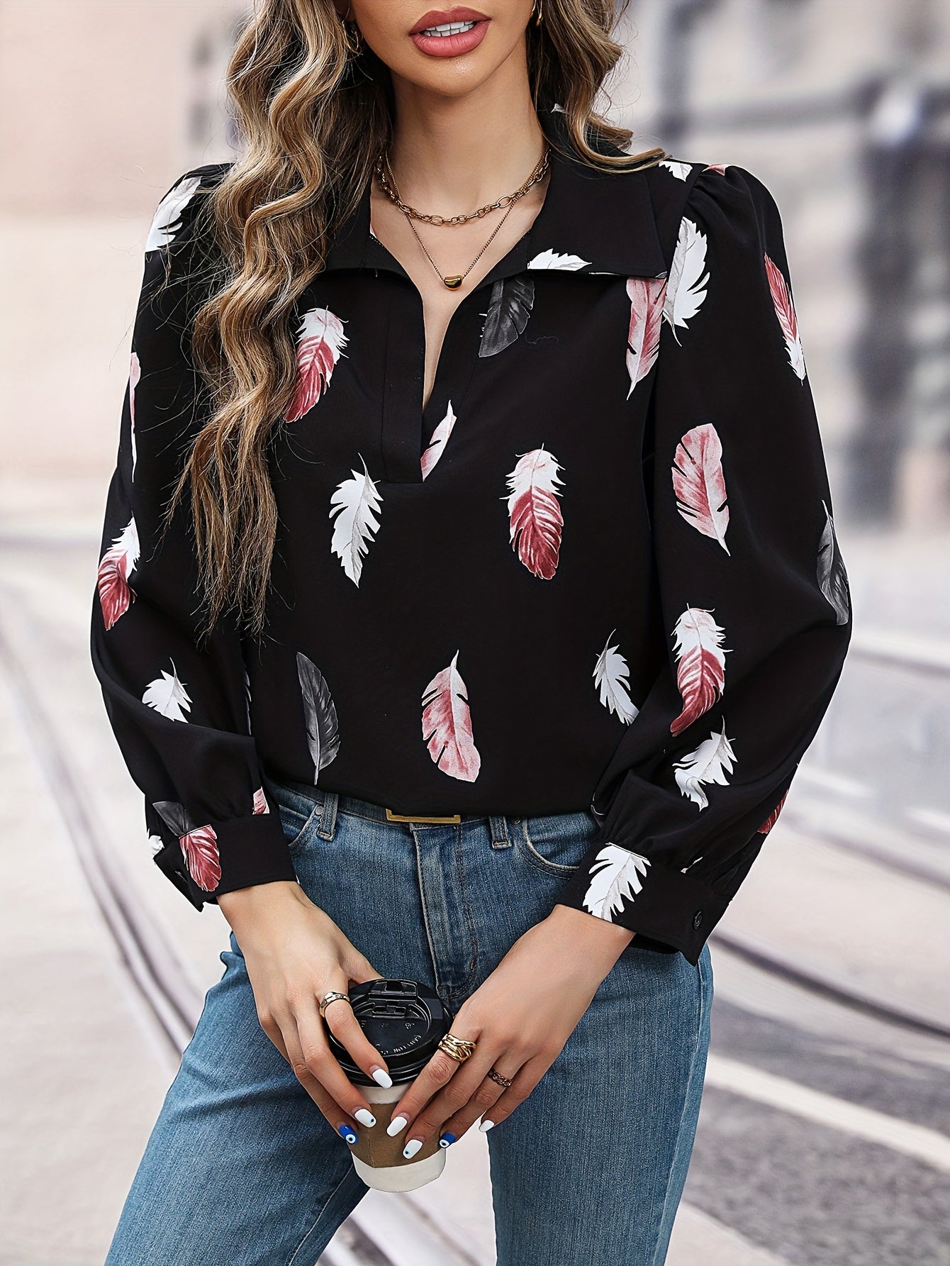 Feather Print Blouse, Elegant V Neck Long Sleeve Blouse, Women's Clothing