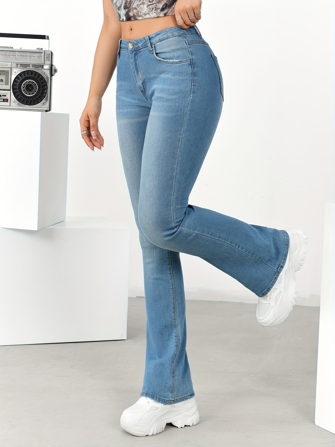 vlovelaw  High Stretch Washed Bootcut Jeans, Slant Pockets Versatile Denim Pants, Women's Denim Jeans & Clothing