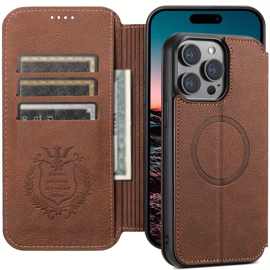 Premium SUTENI Leather Magnetic Wireless Charging Clamshell Wallet - Fast Charging, Luxurious Case, Universally Compatible with iPhone 12, 13, 14, 15 Plus Pro Max - Strong Magnetic Closure, Card Slots, and Protective Design