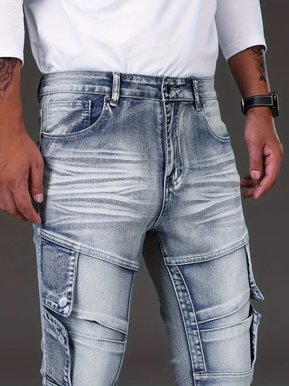 vlovelawSlim Fit Biker Jeans, Men's Casual Street Style Distressed Medium Stretch Denim Pants