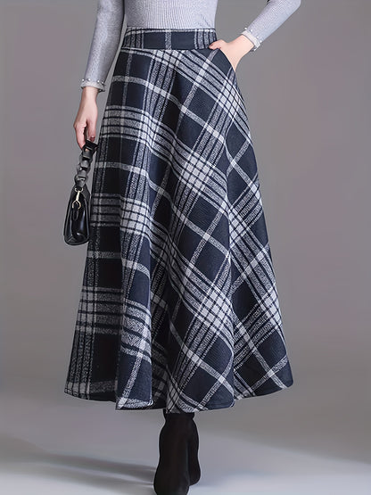 Plus Size Elegant Skirt, Women's Plus Plaid Print High Rise Slight Stretch Swing A-line Maxi Skirt