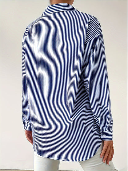 Striped Button Front Shirt, Casual Long Sleeve Lapel Shirt, Women's Clothing