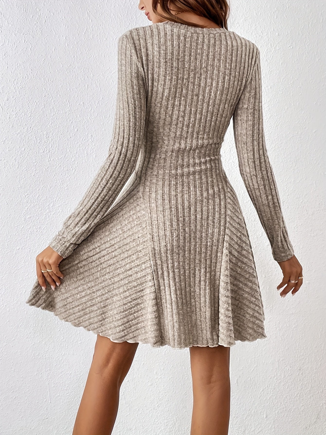 vlovelaw  Solid Ribbed V Neck Dress, Casual Long Sleeve A-line Dress, Women's Clothing