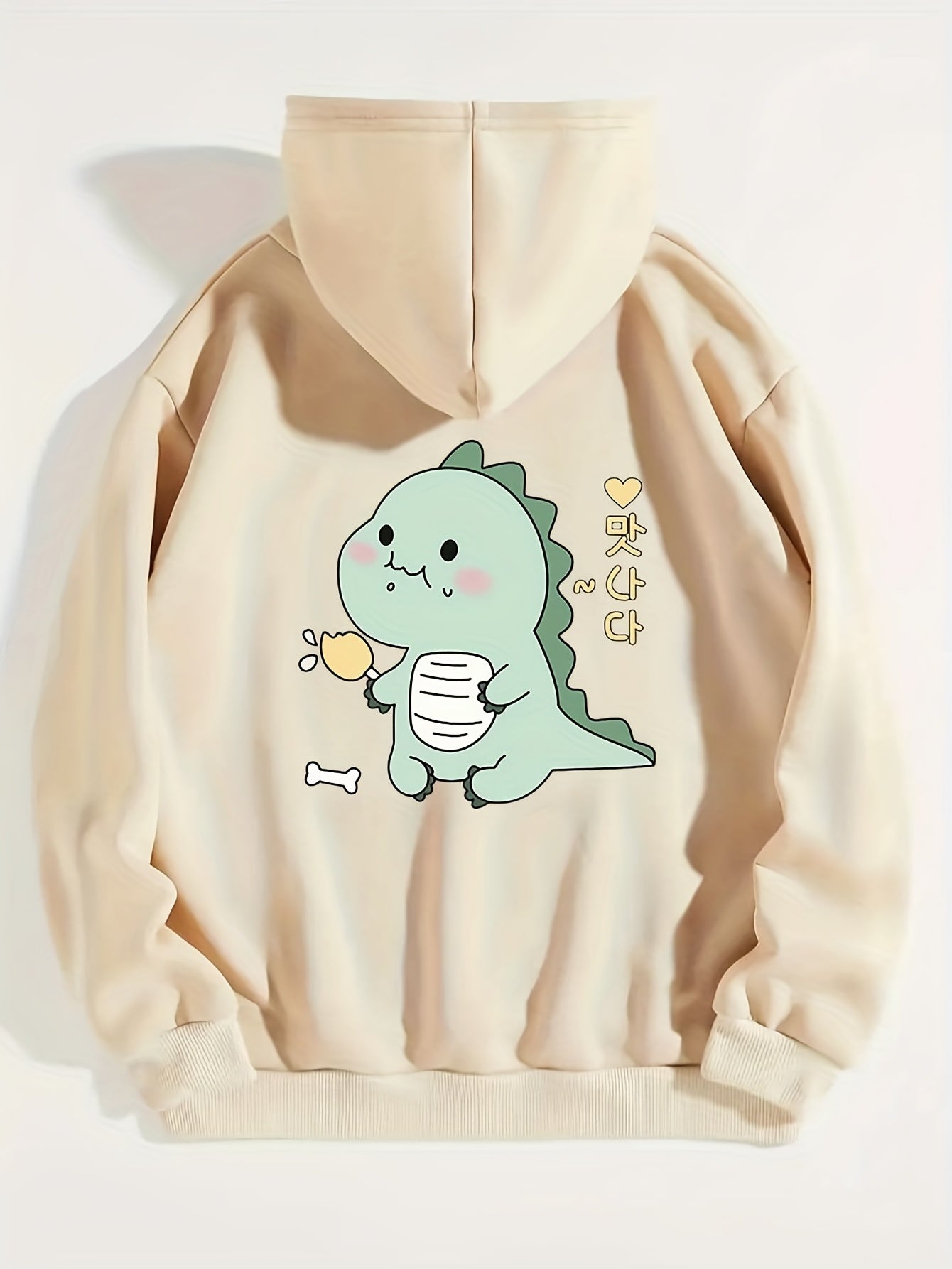 Cartoon Dinosaur Graphic Long Sleeve Fleece Hooded Sweatshirts,  Print Drawstring Sports Hoodie With Front Pocket, Women's Sporty Sweatshirts