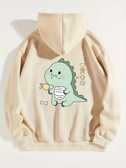 Cartoon Dinosaur Graphic Long Sleeve Fleece Hooded Sweatshirts,  Print Drawstring Sports Hoodie With Front Pocket, Women's Sporty Sweatshirts