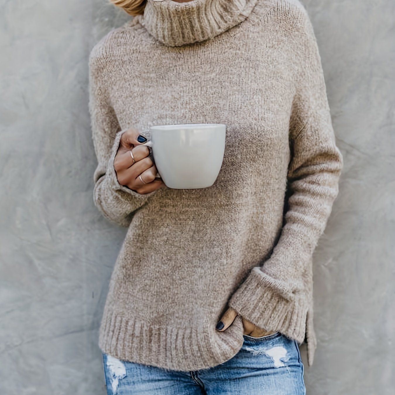 Solid Turtle Neck Pullover Sweater, Casual Long Sleeve Split Sweater For Fall & Winter, Women's Clothing