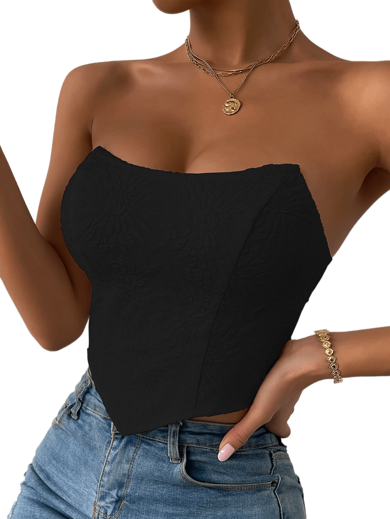 vlovelaw  Floral Pattern Solid Tube Top, Casual Off Shoulder Hanky Hem Tube Top, Women's Clothing