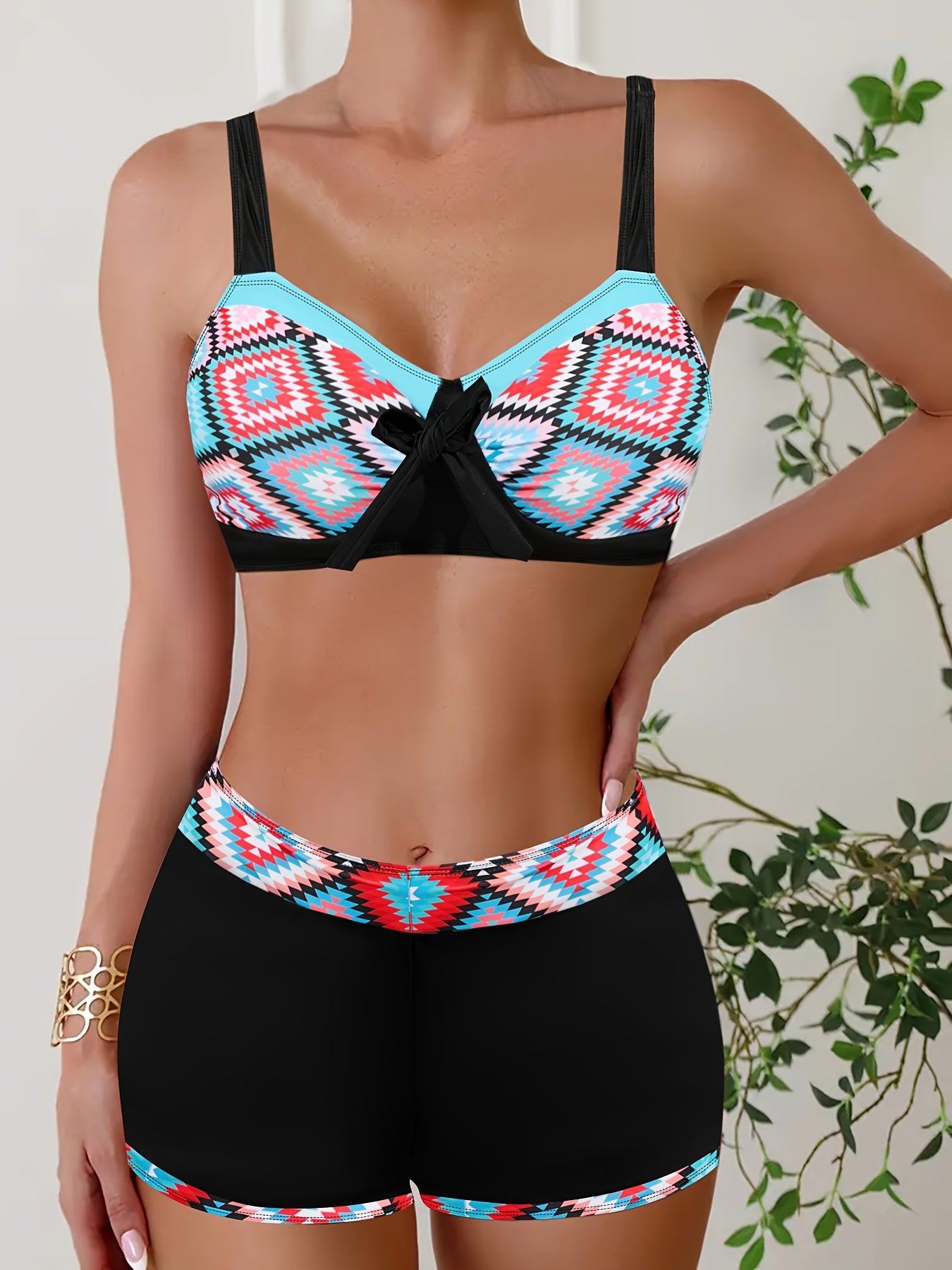 vlovelaw  Random Print Bikini Sets, V Neck Contrast Trim Bow Tie Front High Waist Boxer Short Bottom Two Pieces Swimsuit, Women's Swimwear & Clothing