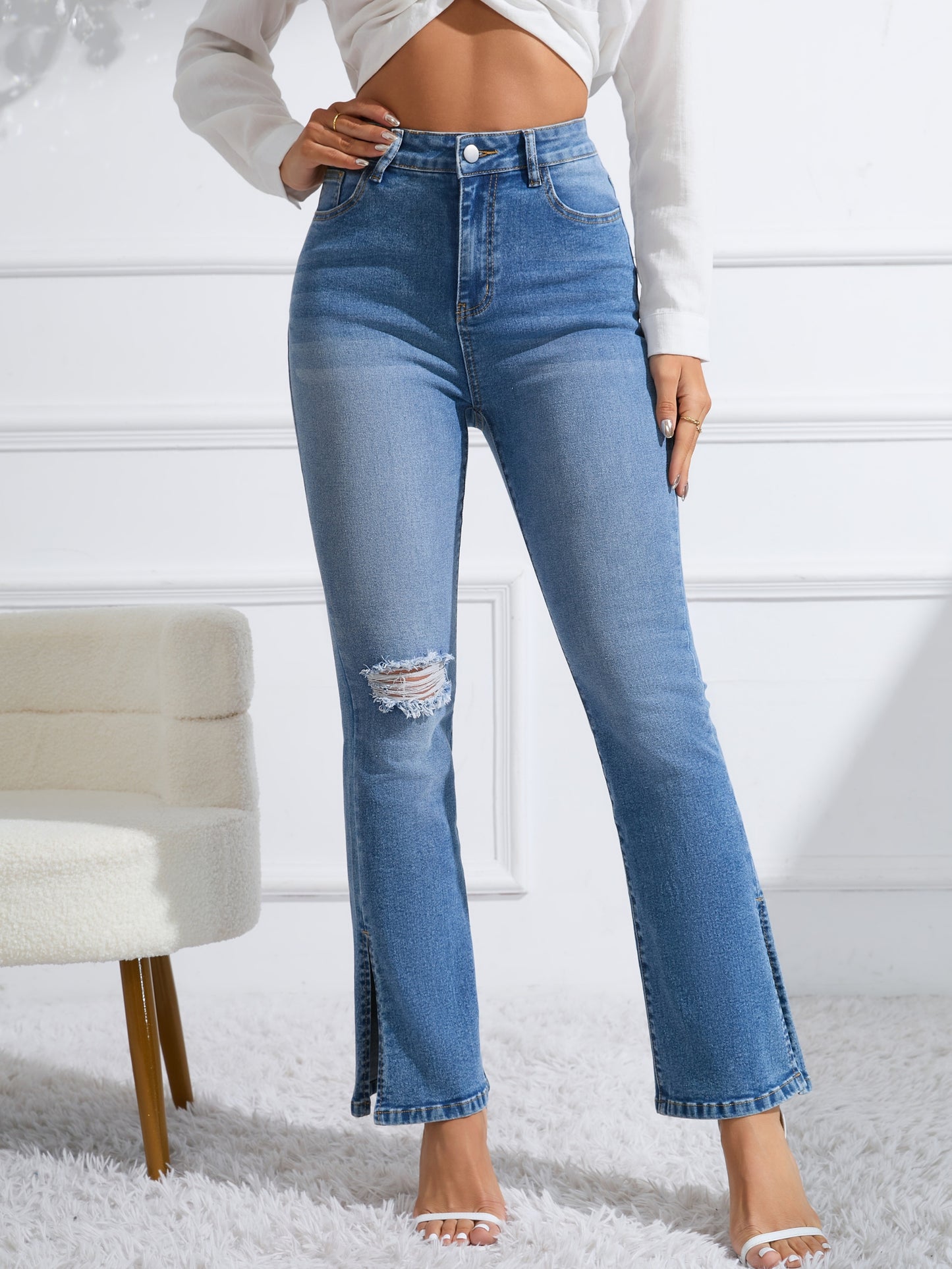 vlovelaw  Side Split Ripped Holes Flare Jeans, Button Zipper Fly Washed Casual Denim Pants, Women's Denim Jeans & Clothing