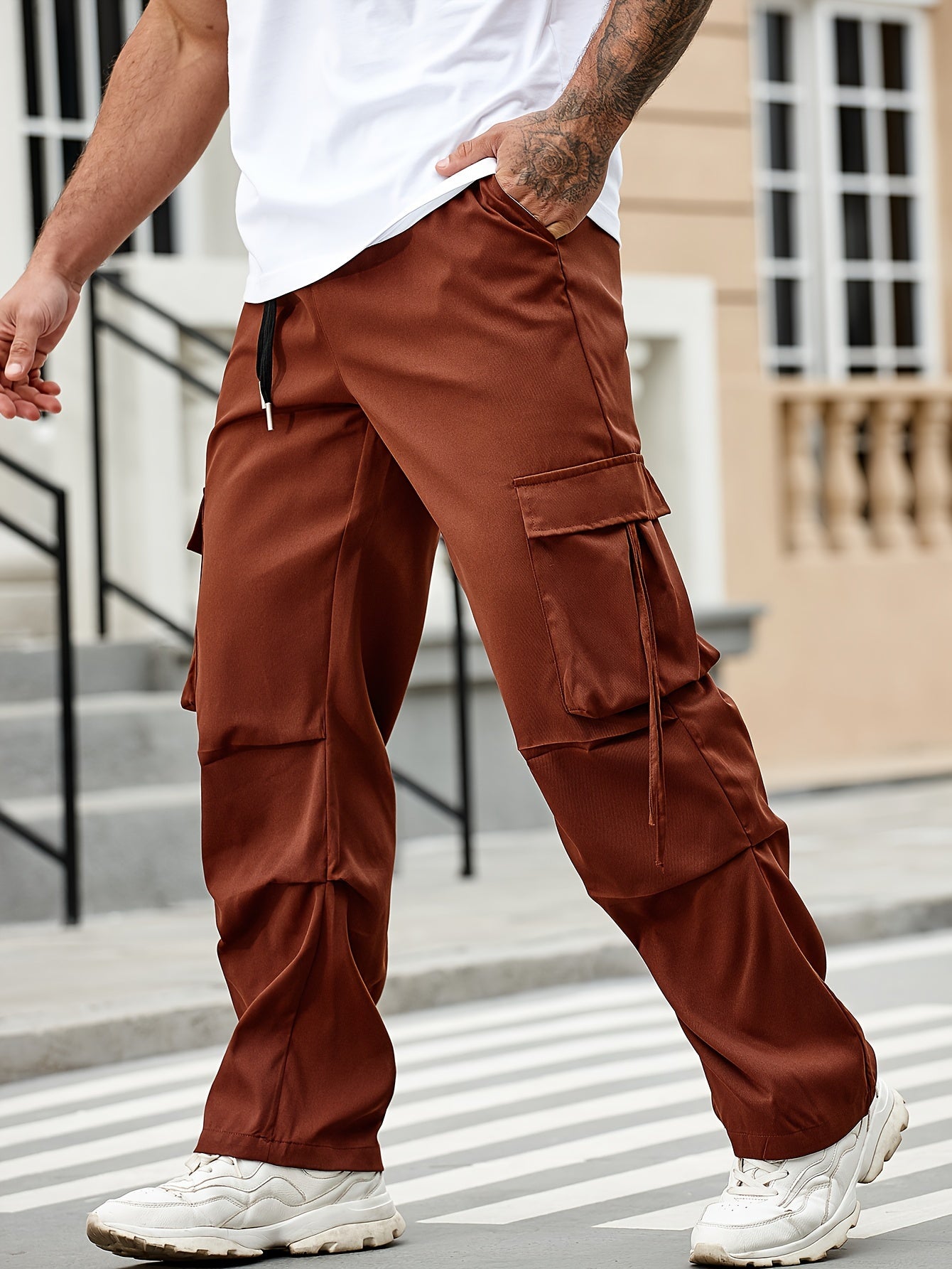 vlovelaw  Solid Men's Chic Daily Cargo Pants With Big Pockets And Drawstring, All Seasons Outdoor Pants