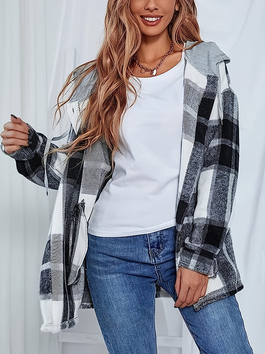 vlovelaw  Plaid Print Hooded Shirt, Casual Drawstring Long Sleeve Shirt, Women's Clothing