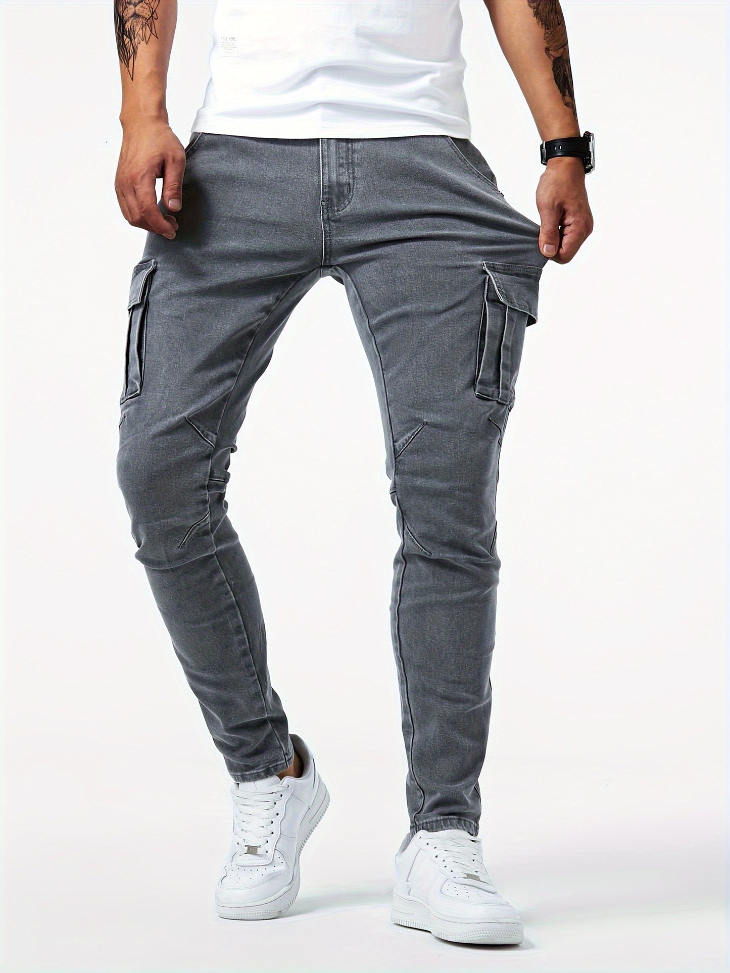 vlovelawSlim Fit Multi Pocket Jeans, Men's Casual Street Style High Stretch Denim Cargo Pants