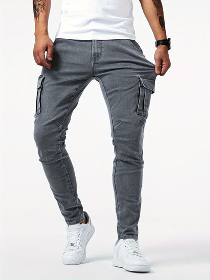 vlovelawSlim Fit Multi Pocket Jeans, Men's Casual Street Style High Stretch Denim Cargo Pants