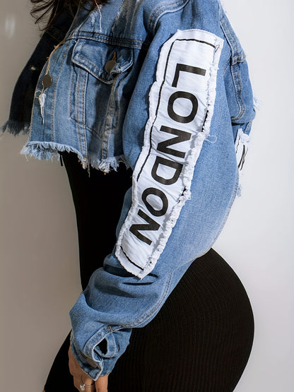 Blue Letter Print Cropped Denim Jackets, Long Sleeves Raw Hem Personality Lapel Denim Coats, Women's Denim Clothing