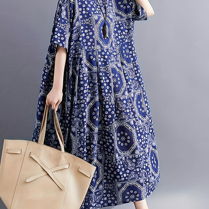 Plus Size Boho Dress, Women's Plus Paisley Print Short Sleeve Round Neck Loose Maxi Dress