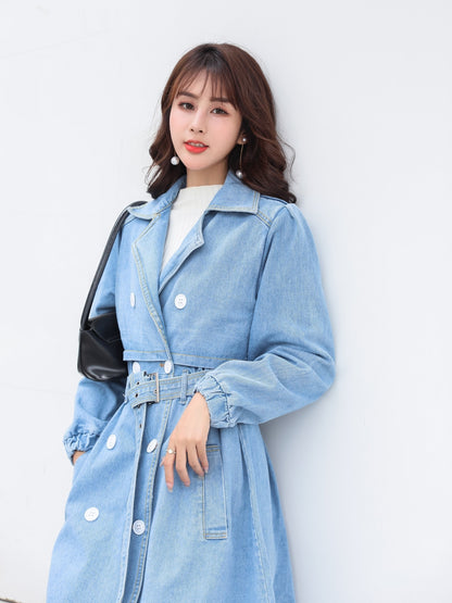 vlovelaw  Blue Loose Fit Long Denim Jackets, Long Sleeves Non-Stretch With Waistband Lapel Denim Coats, Women's Denim Clothing