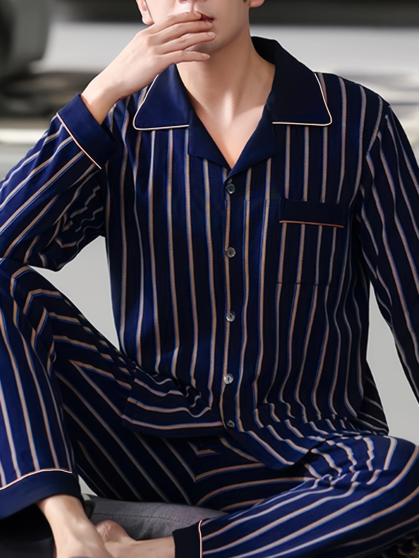 QIANNIANMA Men's Striped Pajama Set - Comfy Long Sleeve Button-Up Top & Pants, Casual Loungewear for Spring/Fall