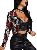 Gothic Skull & Floral Print Cropped Blazer, Open Front Long Sleeve Outerwear, Women's Clothing