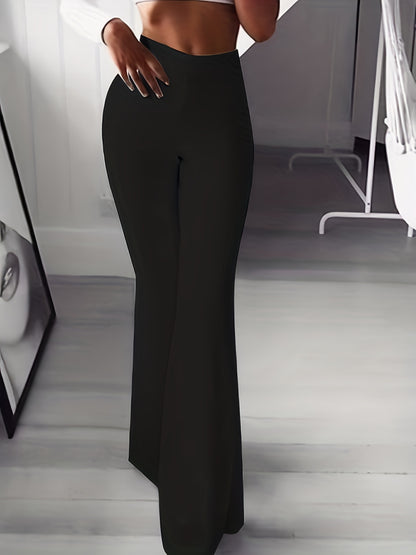 vlovelaw  Plus Size Casual Pants, Women's Plus Solid High Rise High Stretch Flared Leg Trousers