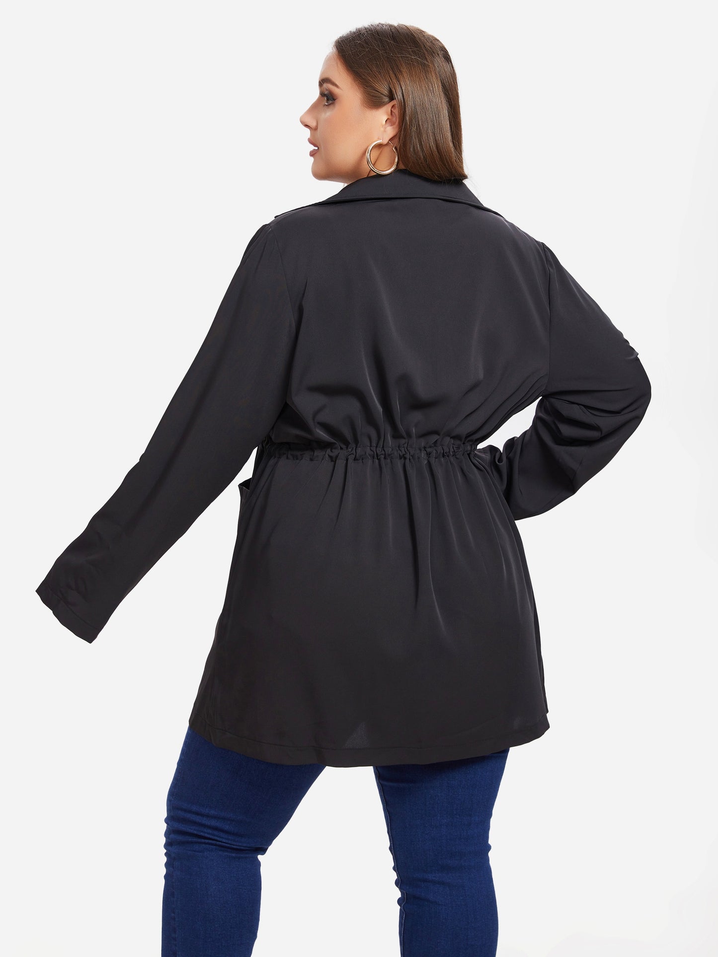 vlovelaw  Plus Size Drawstring Pockets Coat, Casual Long Sleeve Lapel Coat For Fall, Women's Plus Size Clothing