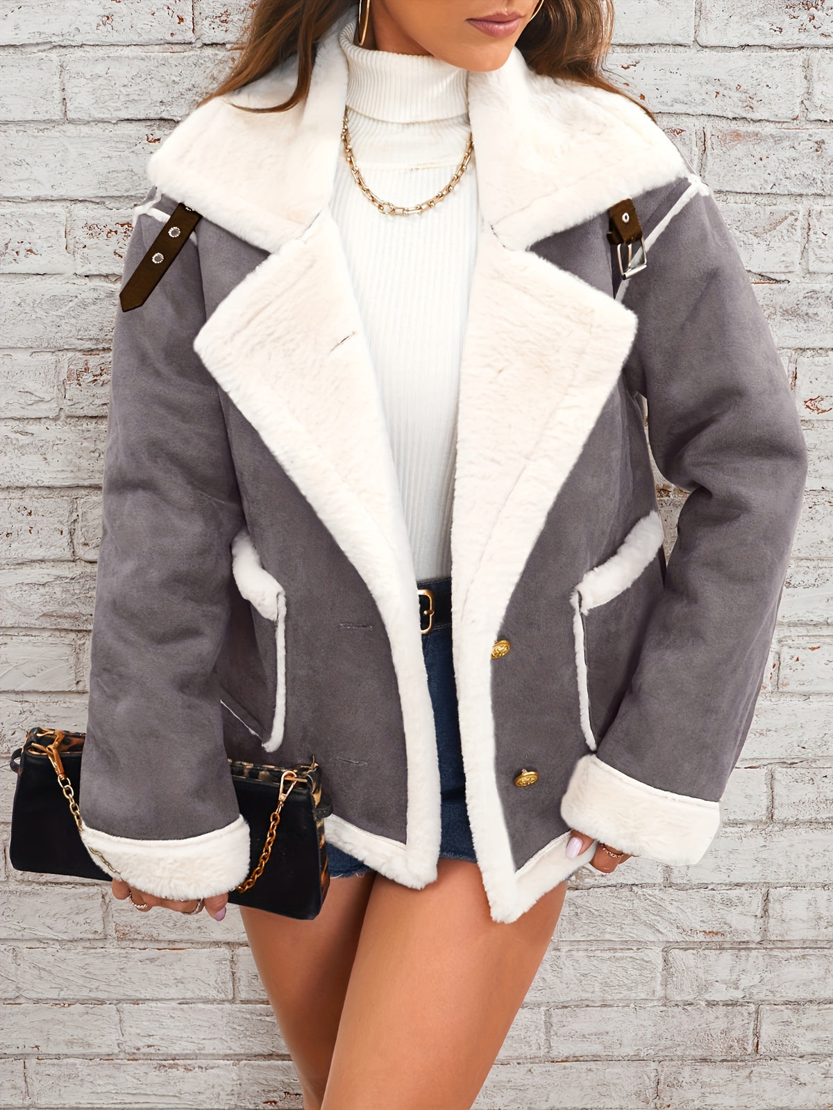 Elegant Faux Fur-Lined Winter Jacket for Women - Solid Color, Lapel Collar with Pockets, Machine Washable