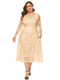 Plus Size Elegant Midi Lace Dress with 3/4 Sleeves - Crew Neck, Trapeze Hem, Pocket Details, Fitted Silhouette - Perfect for Wedding, Evening, Occasion, and Engagement Ceremony