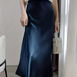 Retro Satin Maxi Skirts, Casual Solid High Waist Vintage Fashion Summer Skirts, Women's Clothing