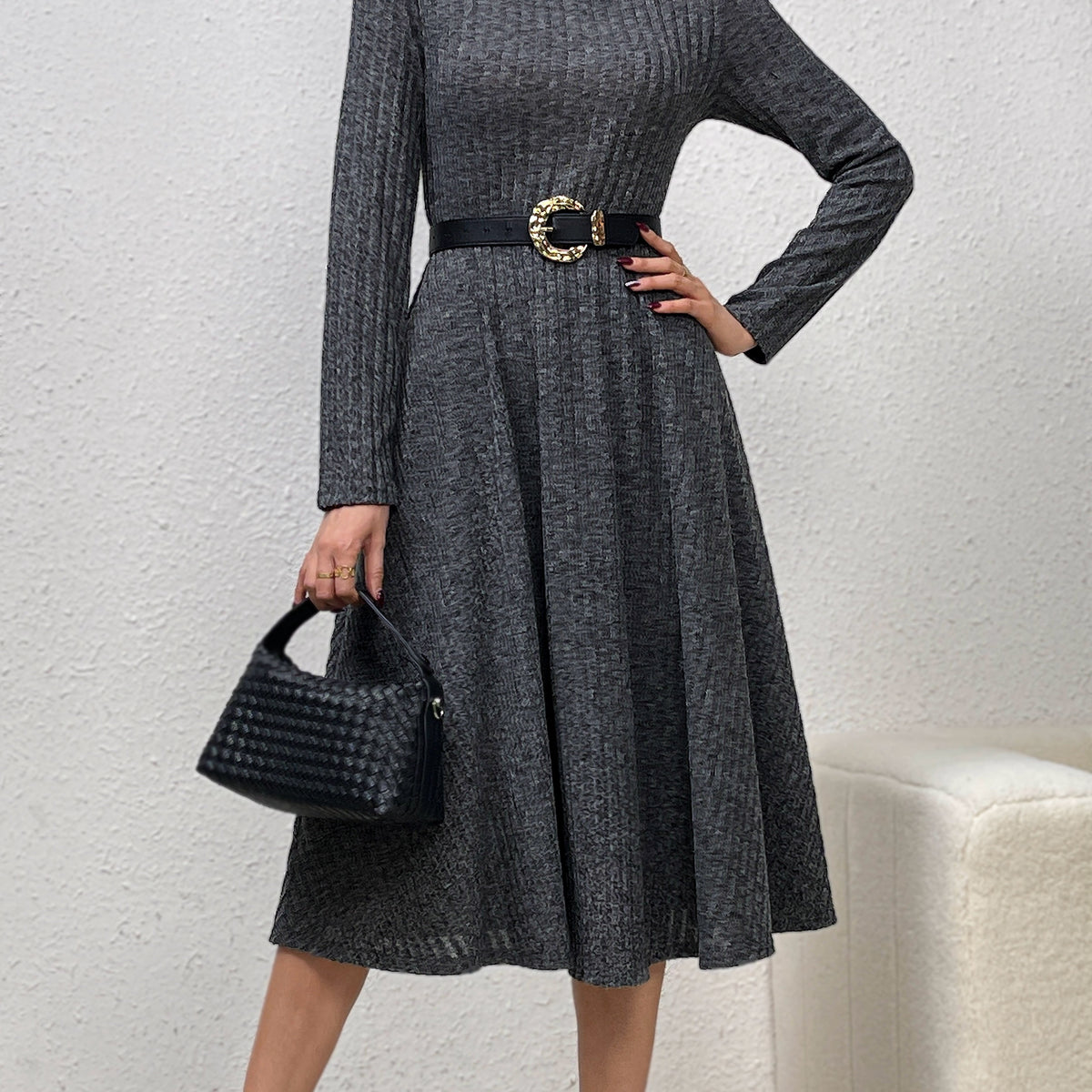 Solid Mock Neck Aline Dress, Elegant Long Sleeve Dress For Spring & Fall, Women's Clothing