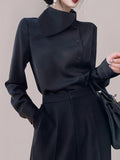 vlovelaw Solid Button Front Asymmetrical Neck Blouse, Elegant Long Sleeve Blouse For Spring & Fall, Women's Clothing