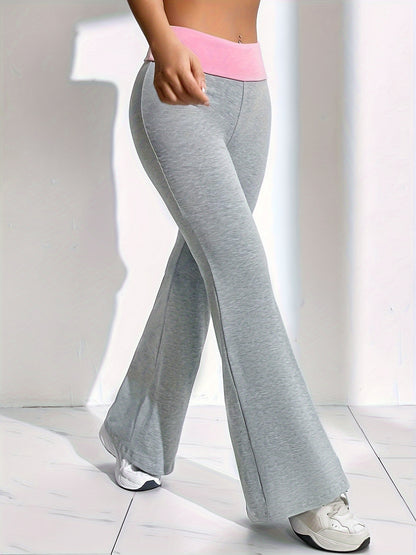 Color Block Flare Leg Pants, Casual Stretchy Slim Pants, Women's Clothing