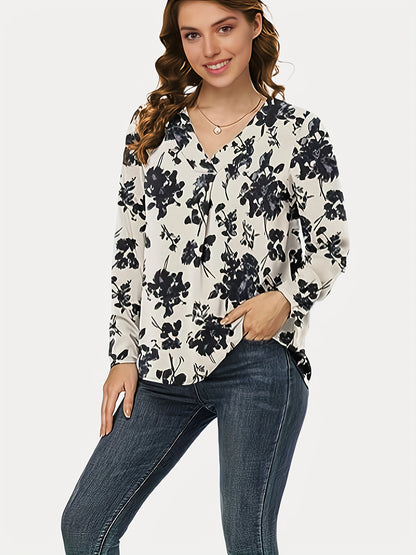 vlovelaw Floral Print V Neck Blouse, Casual Long Sleeve Blouse, Women's Clothing